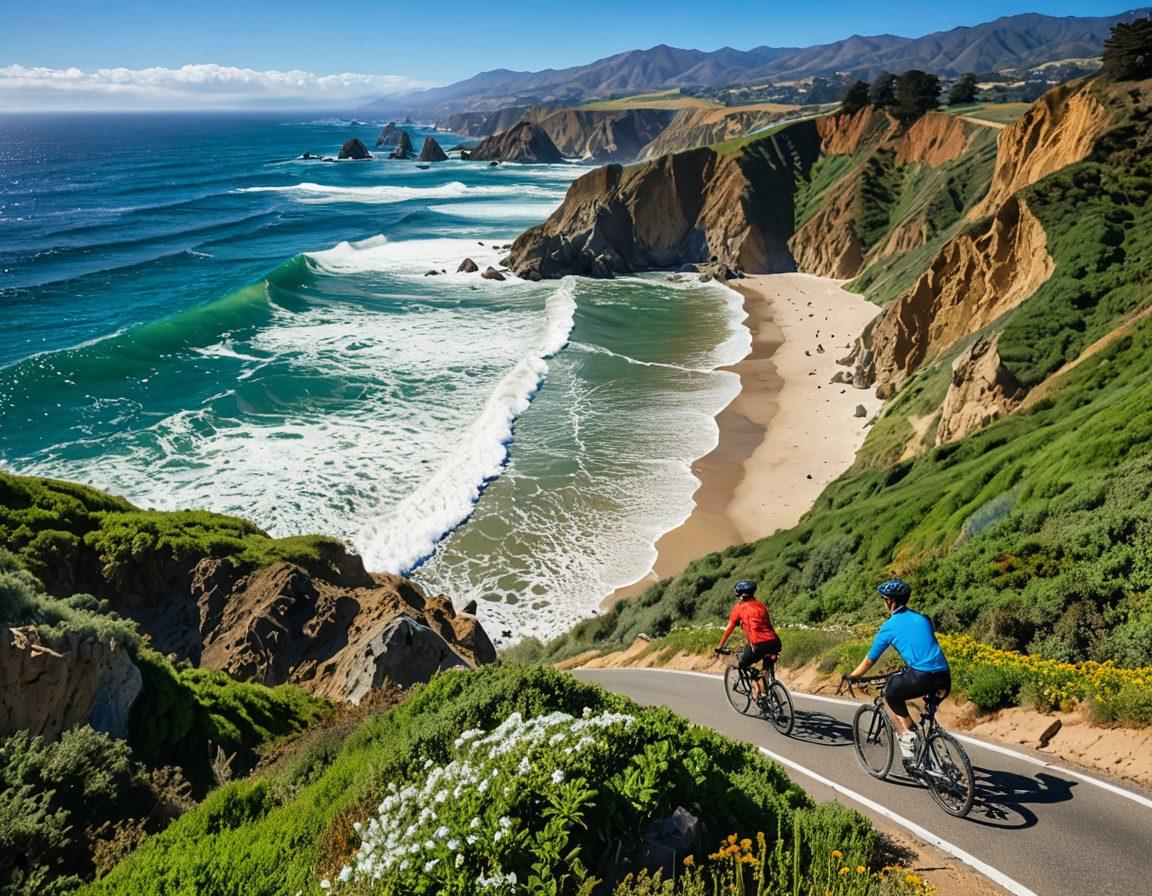 A picturesque coastal scene featuring cyclists riding along a cliffside path with the breathtaking California coastline in the background. Include vibrant blue ocean waves crashing against the rocks, golden sandy beaches, and lush green hills on one side. Add a bright blue sky with fluffy white clouds and distant mountains to enhance the sense of adventure. Illustrate cyclists of various ages enjoying their ride, wearing colorful cycling gear. super-realistic. vibrant colors.