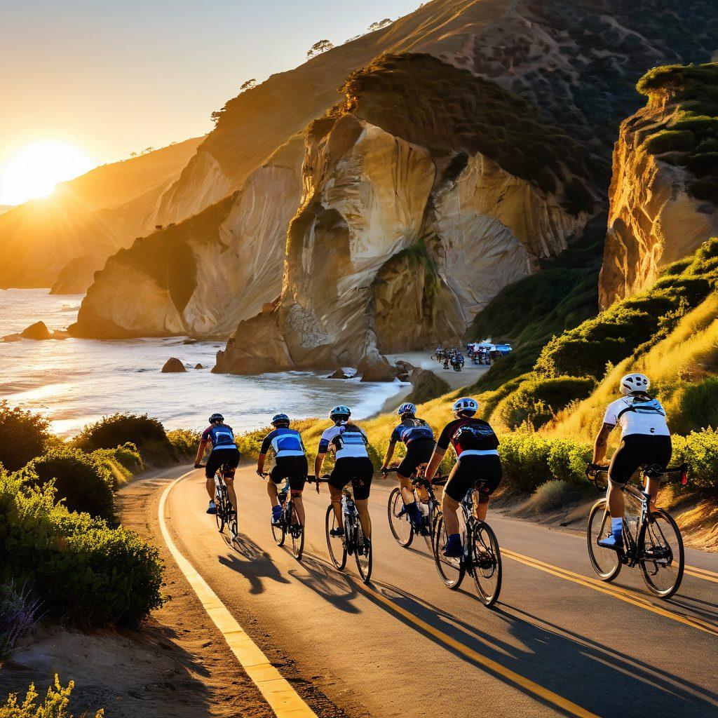 A dynamic scene showcasing a diverse group of cyclists riding through the stunning California landscape, featuring coastal cliffs, vineyards, and golden sunsets. Include essential cycling gear like helmets, hydration packs, and high-performance bicycles. Capture the spirit of adventure with excited expressions and action poses. Incorporate vibrant colors to highlight the natural beauty of California. super-realistic. vibrant colors. 3D.