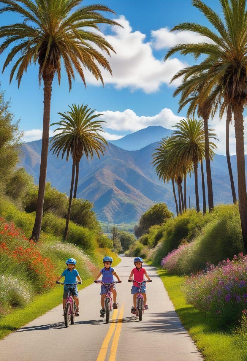A joyful family of four cycling together on a picturesque California route, surrounded by lush greenery and blooming wildflowers. Vibrant mountains in the background, with a clear blue sky and soft, fluffy clouds. The children are laughing and pointing at a passing deer, capturing the spirit of family adventure. Include a scenic bike path lined with tall palm trees and distant ocean views. super-realistic. vibrant colors. 3D.